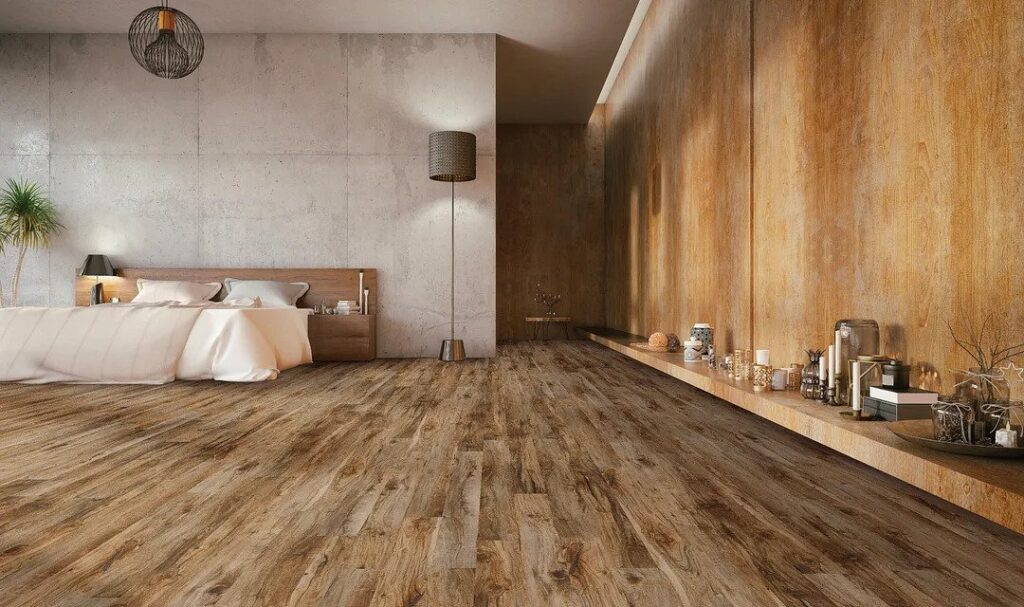 Coretec luxury vinyl flooring in a modern living room, featuring waterproof, durable planks with a realistic wood grain texture.