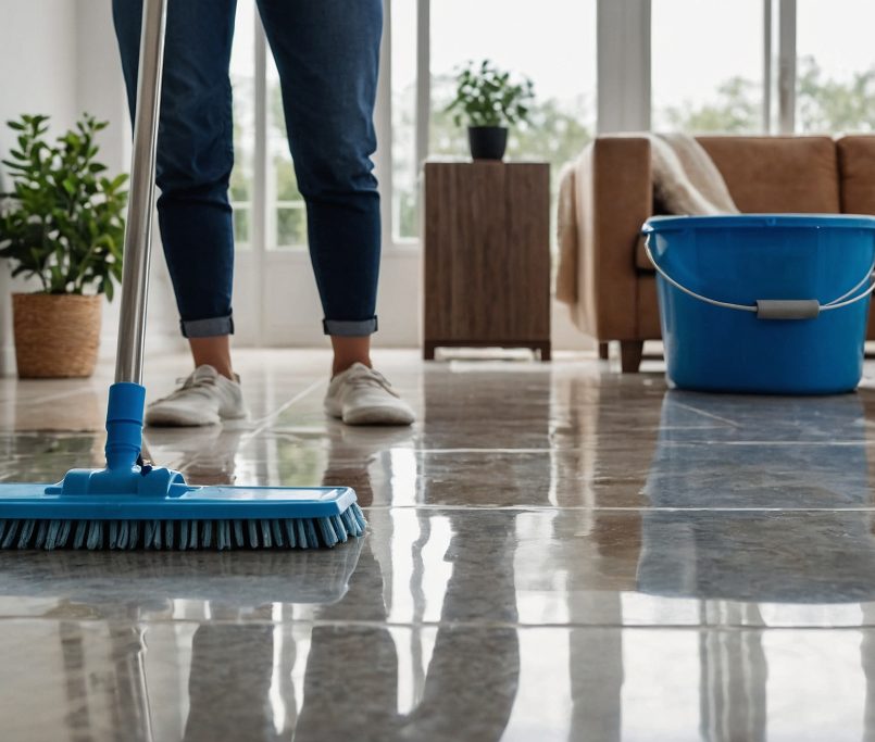 Cleaning new tiles after grouting to remove grout haze and ensure a flawless finish.