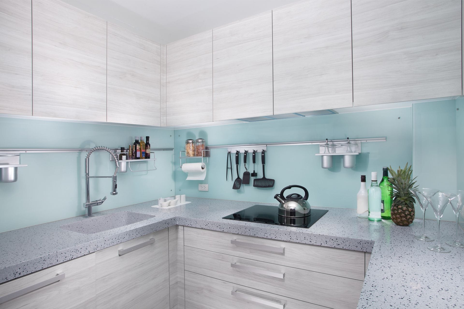 Modern backsplash installed by The Floor 4U in Frankfort, IL. Sleek tile design adds style and protection to kitchens and bathrooms.