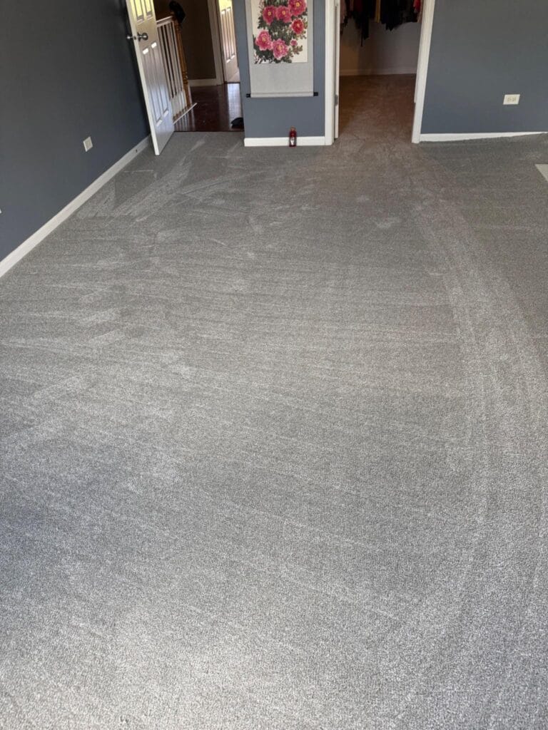 Before and after carpet installation in BrookStone Springs Manhattan IL by Floor 4U using DreamWeaver Palmetto Water Lilly carpet.