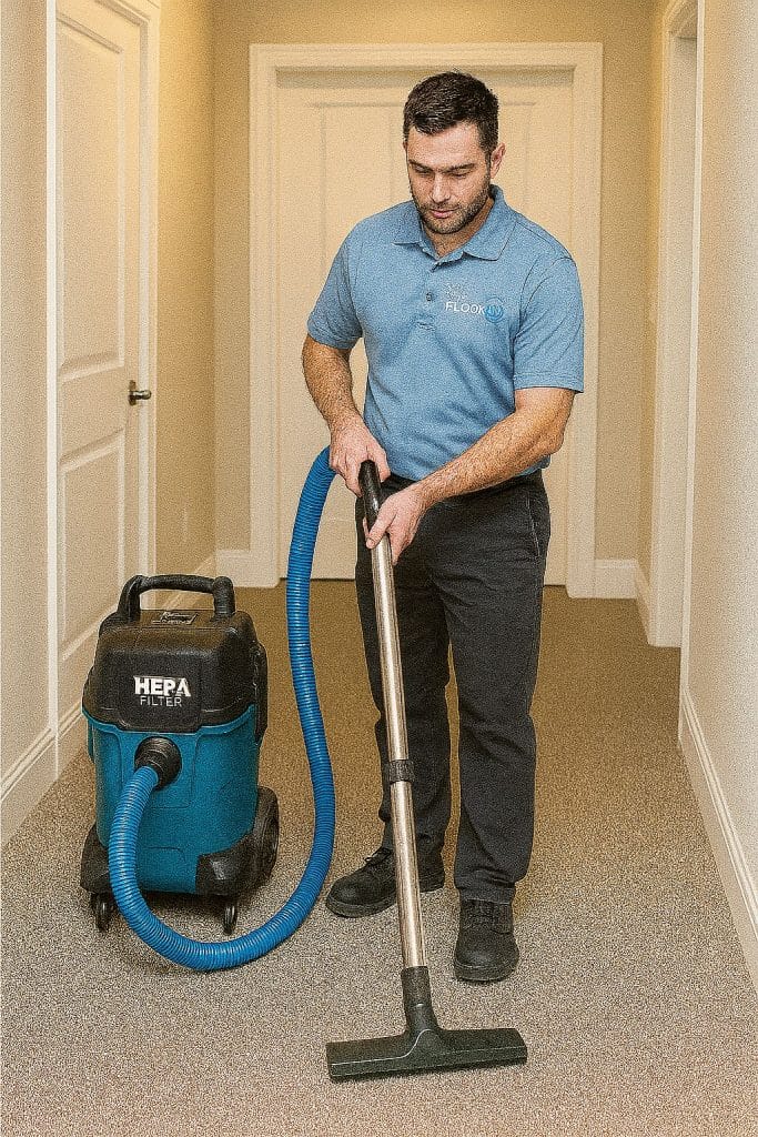 technician vacuuming carpet for carpet maintenance tips Mokena IL