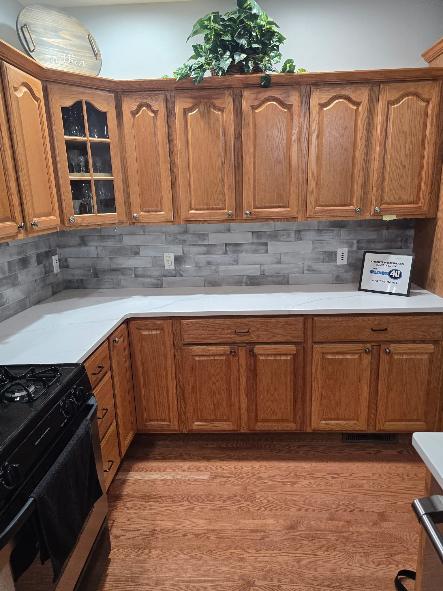 Finished Merola Cambre Grey ceramic kitchen backsplash installation in Sycamore IL.