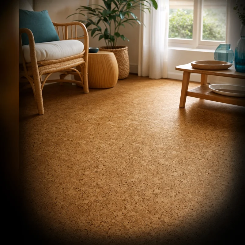 Close-up of natural cork flooring showing its soft, insulating texture