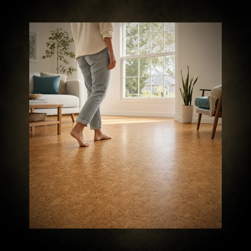 Sustainable cork flooring in a sunlit Mokena living room installed by The Floor 4U