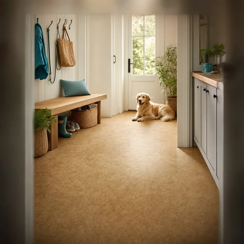 Natural linoleum (marmoleum) flooring in a bright Mokena kitchen
