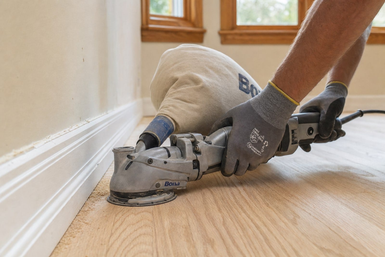 Edger sander refinishing the perimeter of a red oak floor along the baseboard