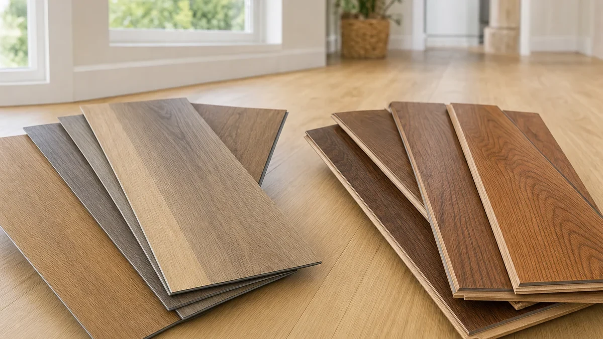 Luxury vinyl plank and laminate flooring samples fanned out on a floor in a room with daylight coming through the window