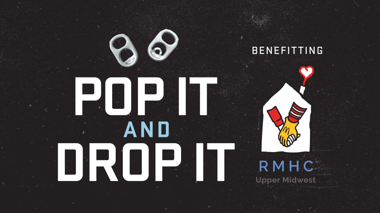 Pop It and Drop It campaign graphic benefiting Ronald McDonald House Charities Upper Midwest. The Floor 4U in Mokena, IL is a pop tab drop-off site.