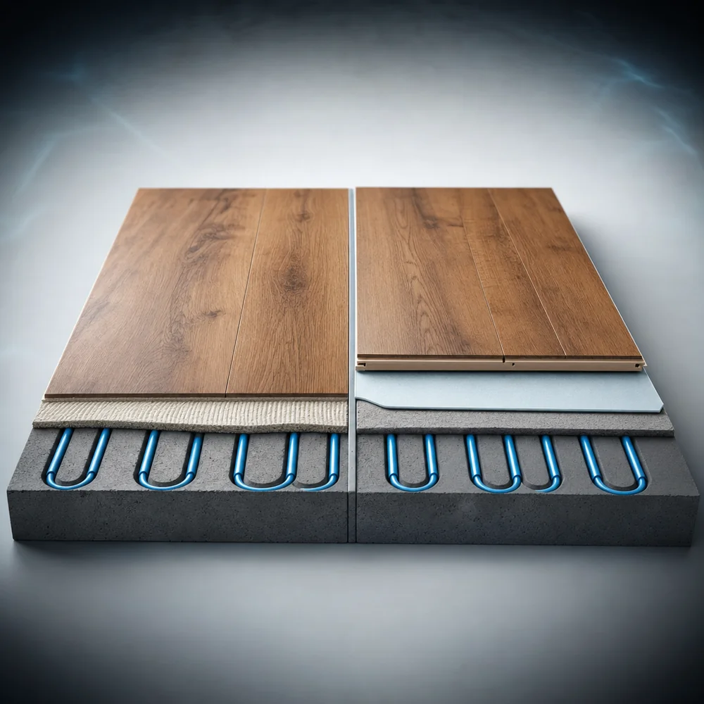 Cutaway comparison of glue-down and floating luxury vinyl plank installation over a radiant heated subfloor