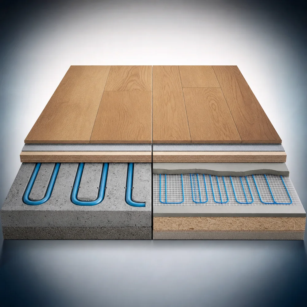 Cutaway comparison of hydronic water tubing and an electric heating mat beneath luxury vinyl plank flooring