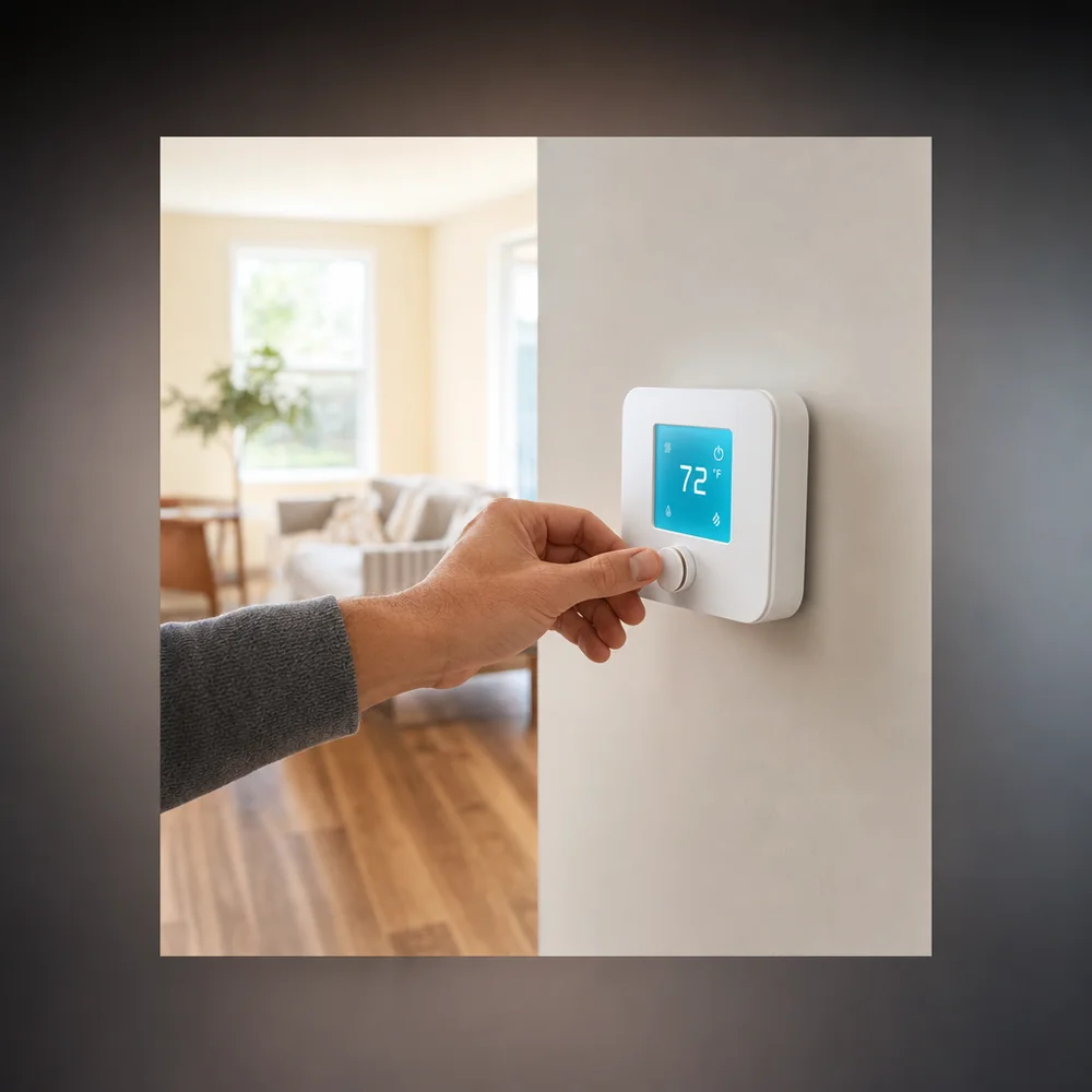 A floor-sensing thermostat being set in a room with luxury vinyl plank flooring over radiant heat