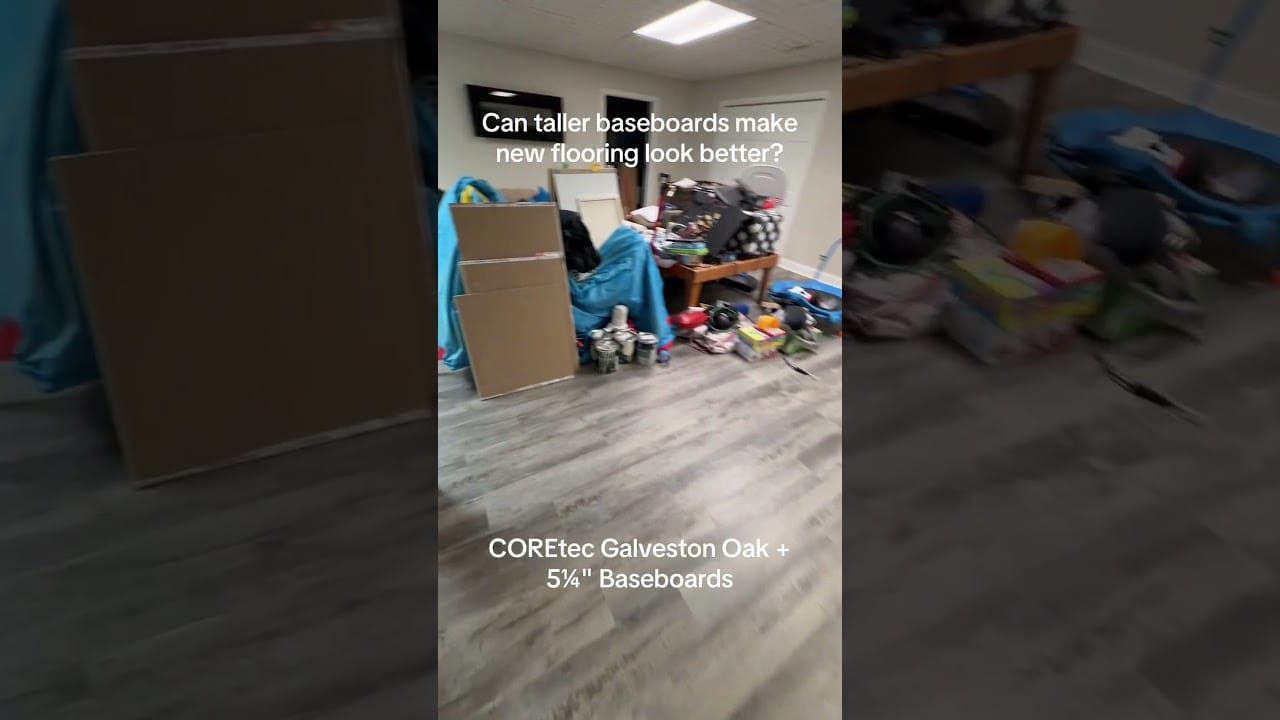 COREtec Galveston Oak basement flooring with on-screen wording about taller baseboards.