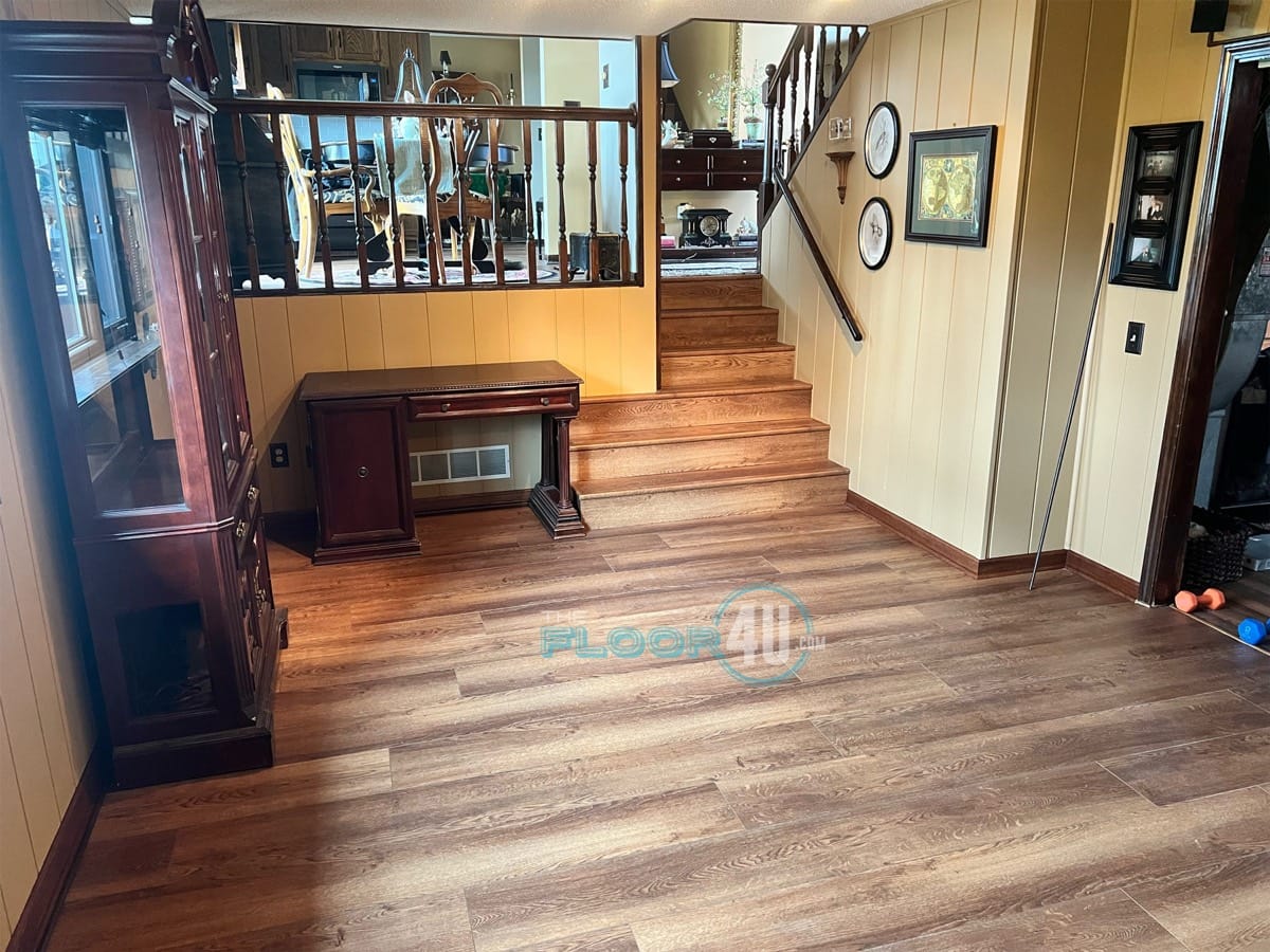 Waterproof luxury vinyl plank flooring in a finished basement living room, Mokena IL